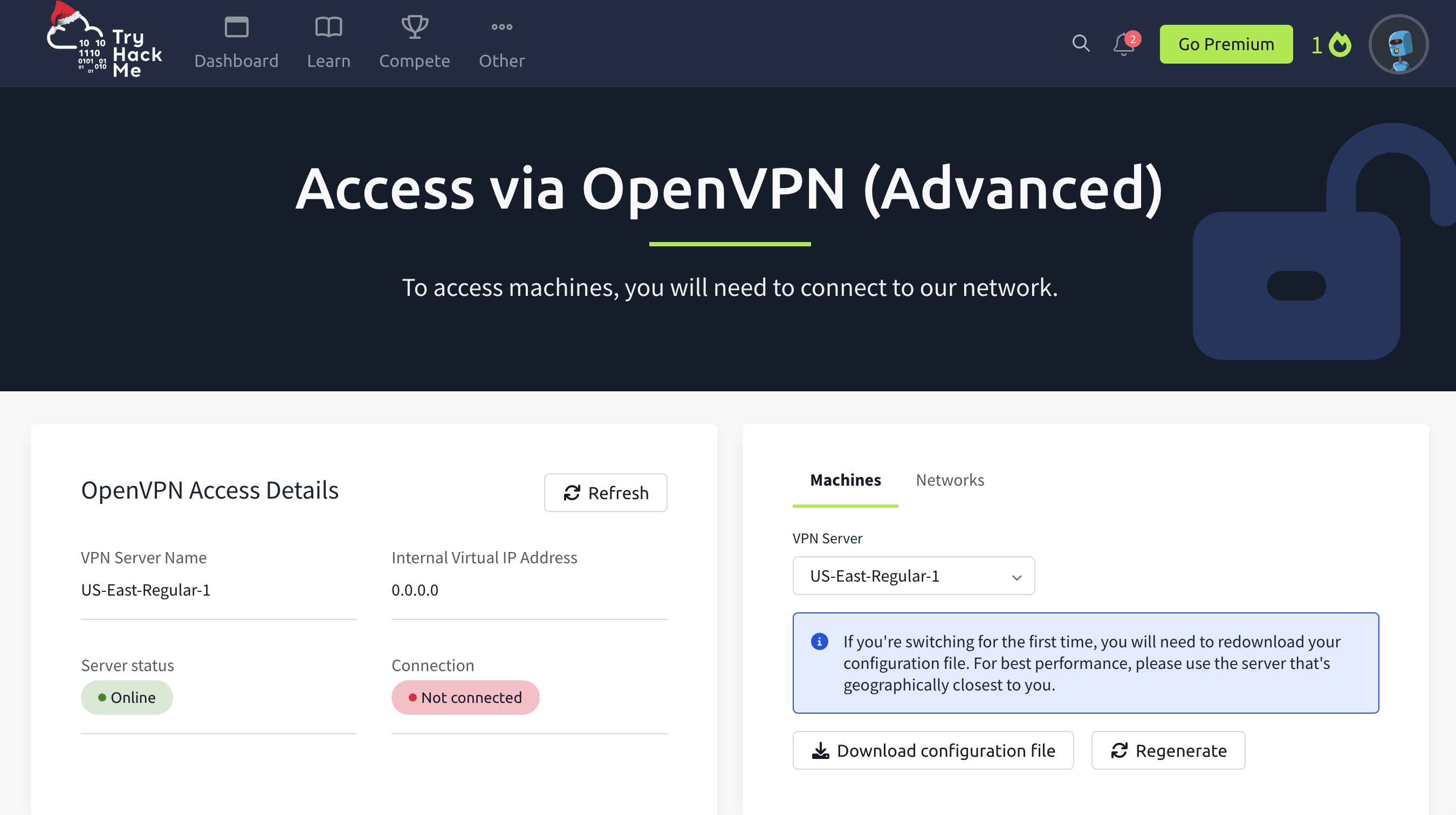 Screenshot of Try Hack Me's OpenVPN download page