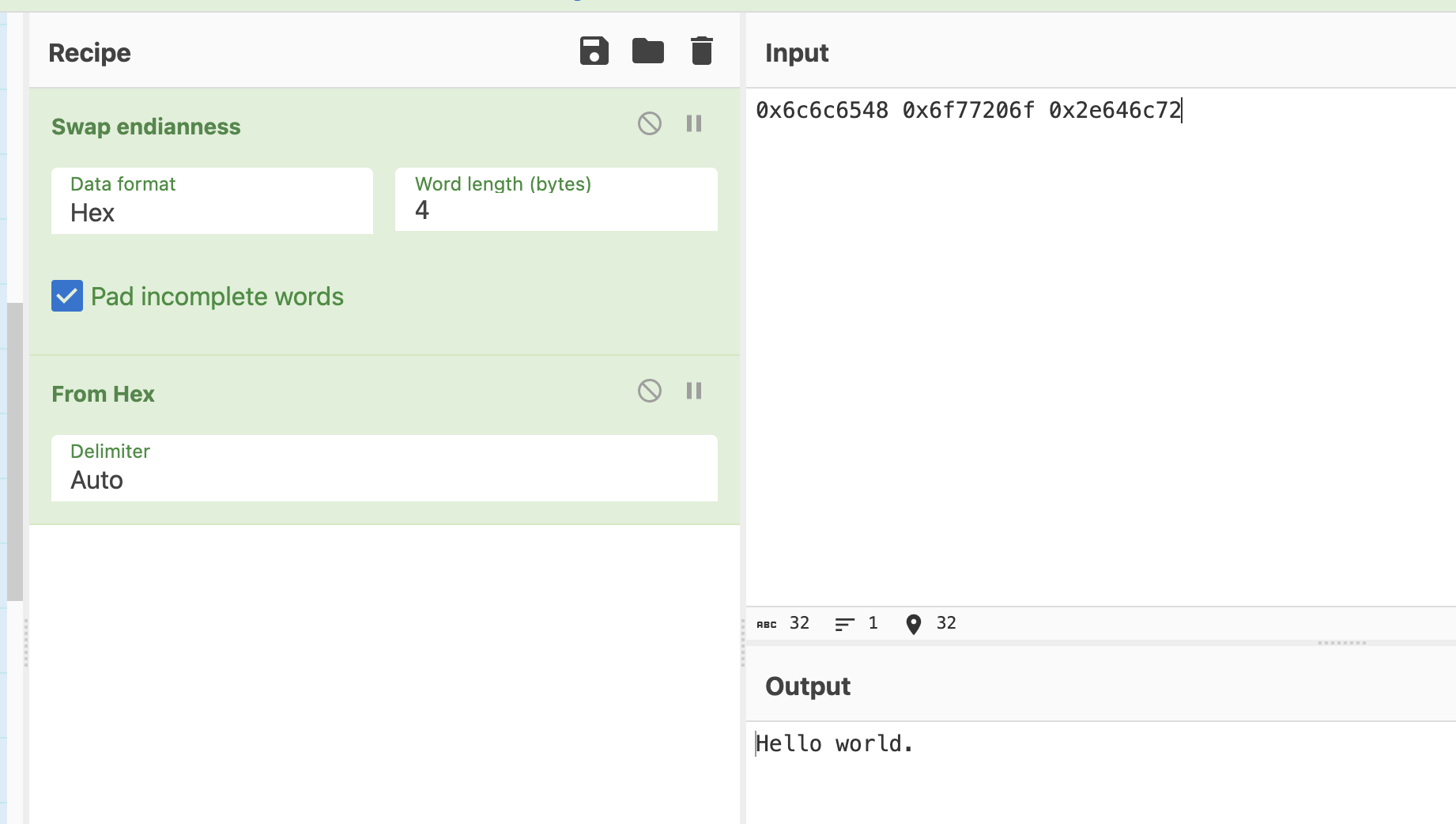 cyberchef with Swap endian